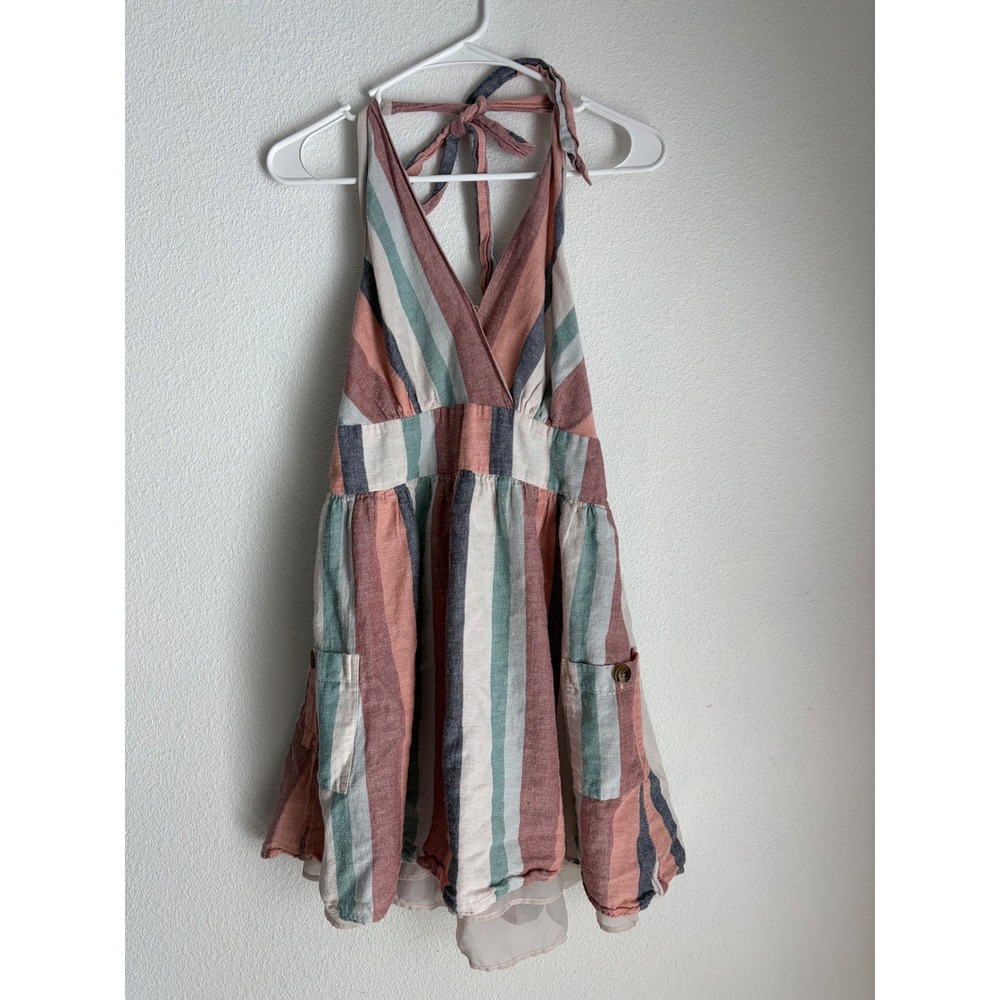 American Eagle Striped Halter Mini Dress Smocked Back Pockets Multi Color Medium